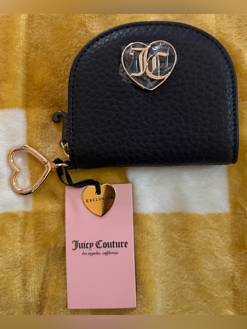 Juicy Couture Black Pebbled Leather Zip Card Wallet with Gold Heart Charm